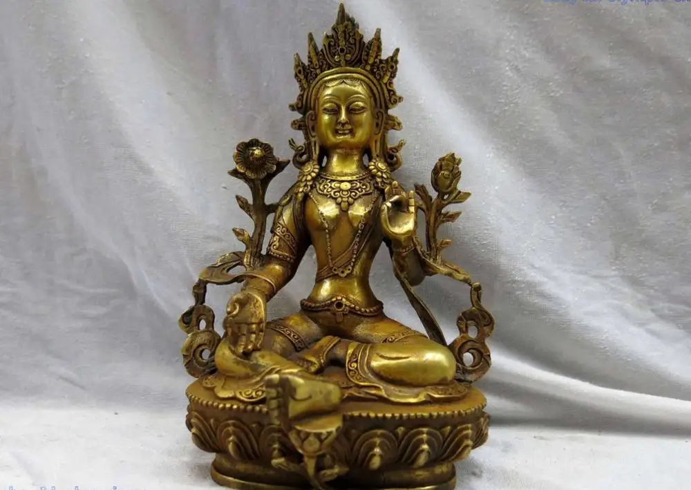 

8" China gild bronze carved fine lotus flower Green Tara buddha Sculpture Statue