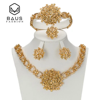 

BAUS Dubai golden color African pearl Nigeria wedding jewelry set flower shaped imitation crystal Saudi Earring jewelry set