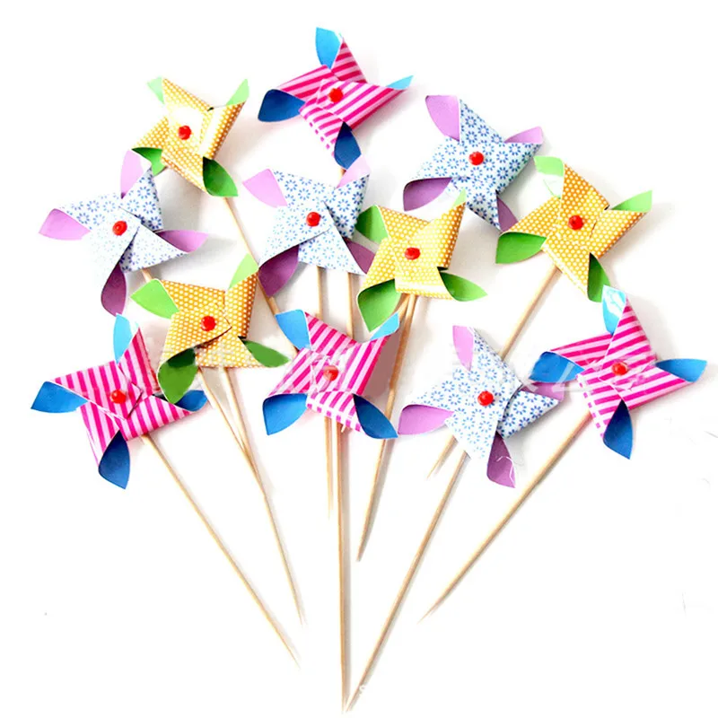 

12pcs Cake Toppers Windmill Paper Cards Banner for Fruit Cupcake Wrapper Baking Cup Birthday Party Wedding Decor Baby Shower