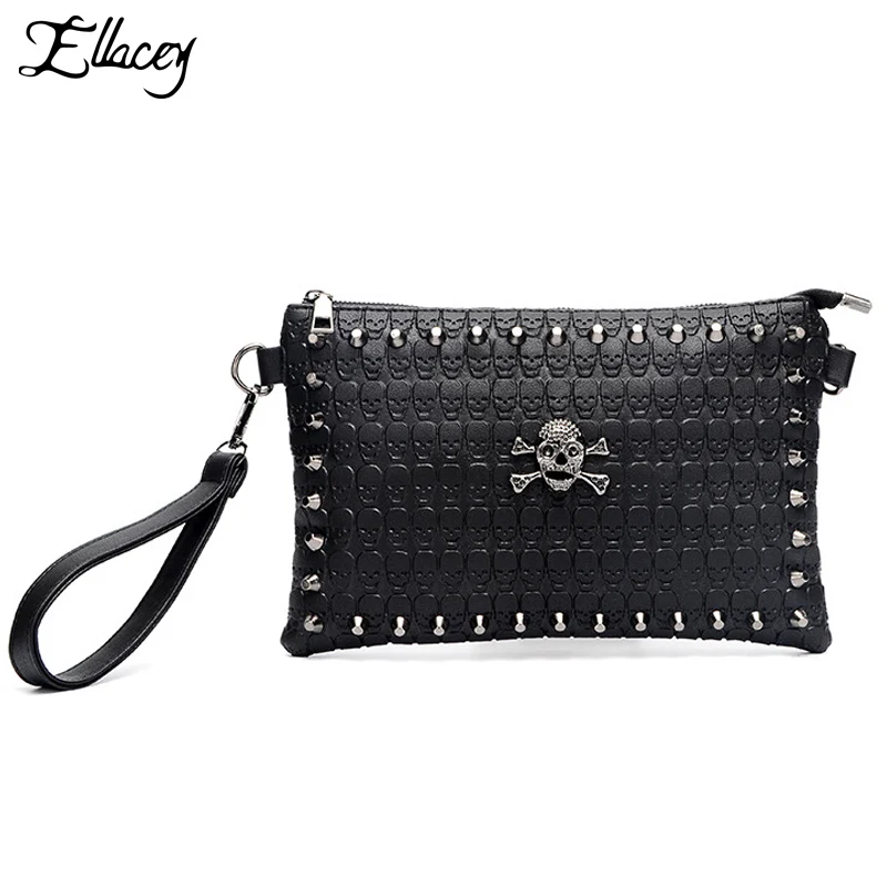 

Punk Fashion Skull Embossing Clutch Bag Men Women PU Leather Gothic Rivet Wrist Bag Black Day Clutches Moto Biker Shoulder Bags