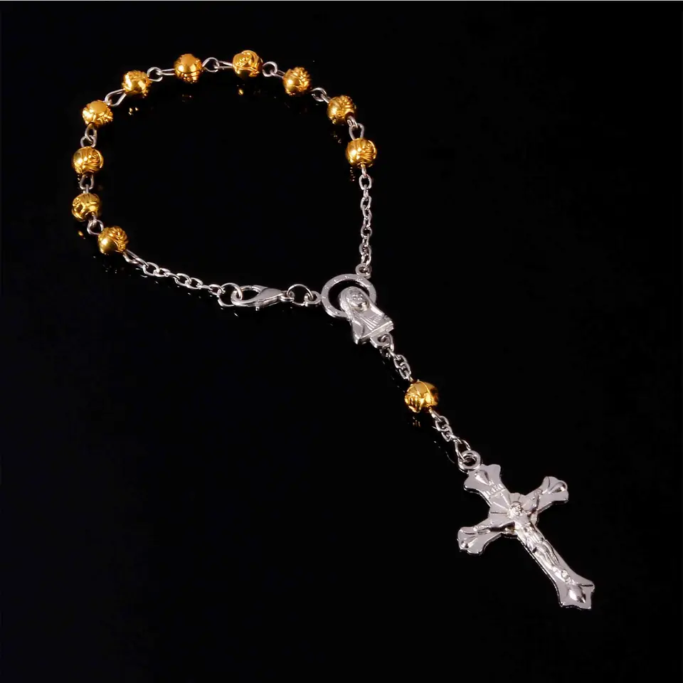 Rosary Bracelet 6mm Wooden Beads Stainless Steel Holy Cross Communion