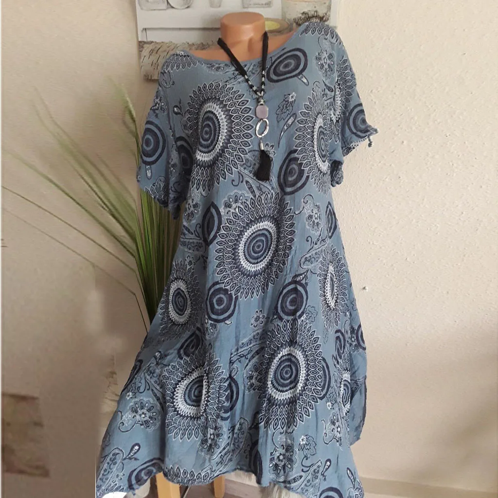 

2019 Spring Summer New Women Summer Plus Size Casual Print Daily Short Sleeve Loose Club Soft Elegant Dress