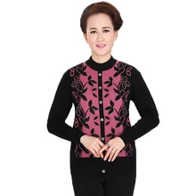 WAEOLSA Middle Aged Woman Sequined Knitted Cardigan Sweaters Mother Grandma Thicken Sweater With Fleece Elderly Womens Knitwear