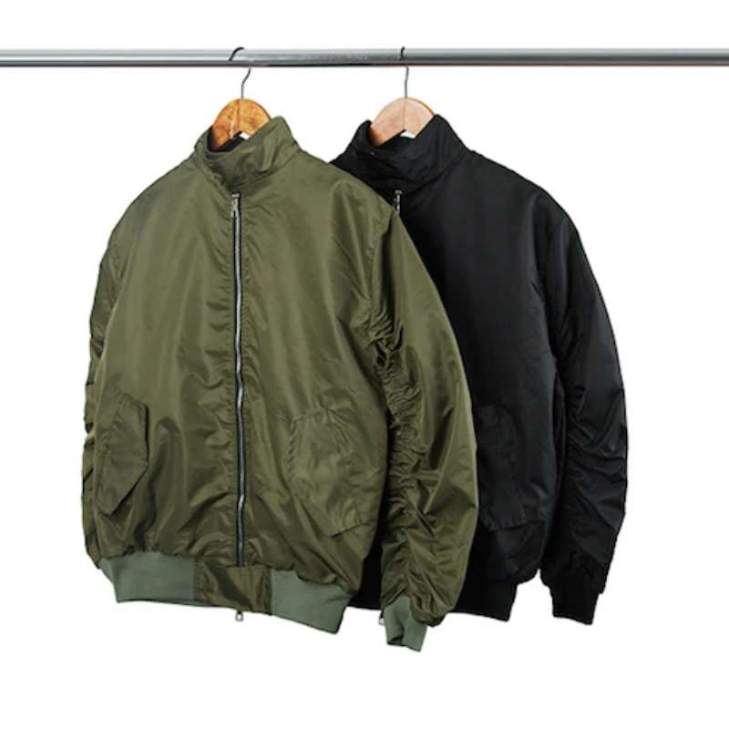 

Military Army Green/Black Bomber Jacket Ruched Sleeve Plaid Flannel Lined Aviator Jacket Free Shipping