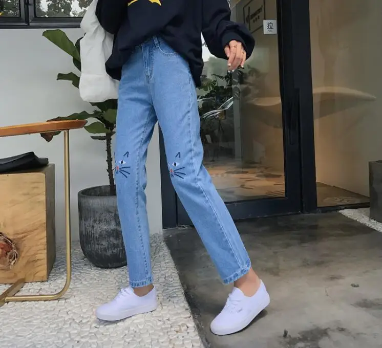 Женские джинсы с вышивкой кошки|embroidery jeans women|embroidery jeansjeans woman |