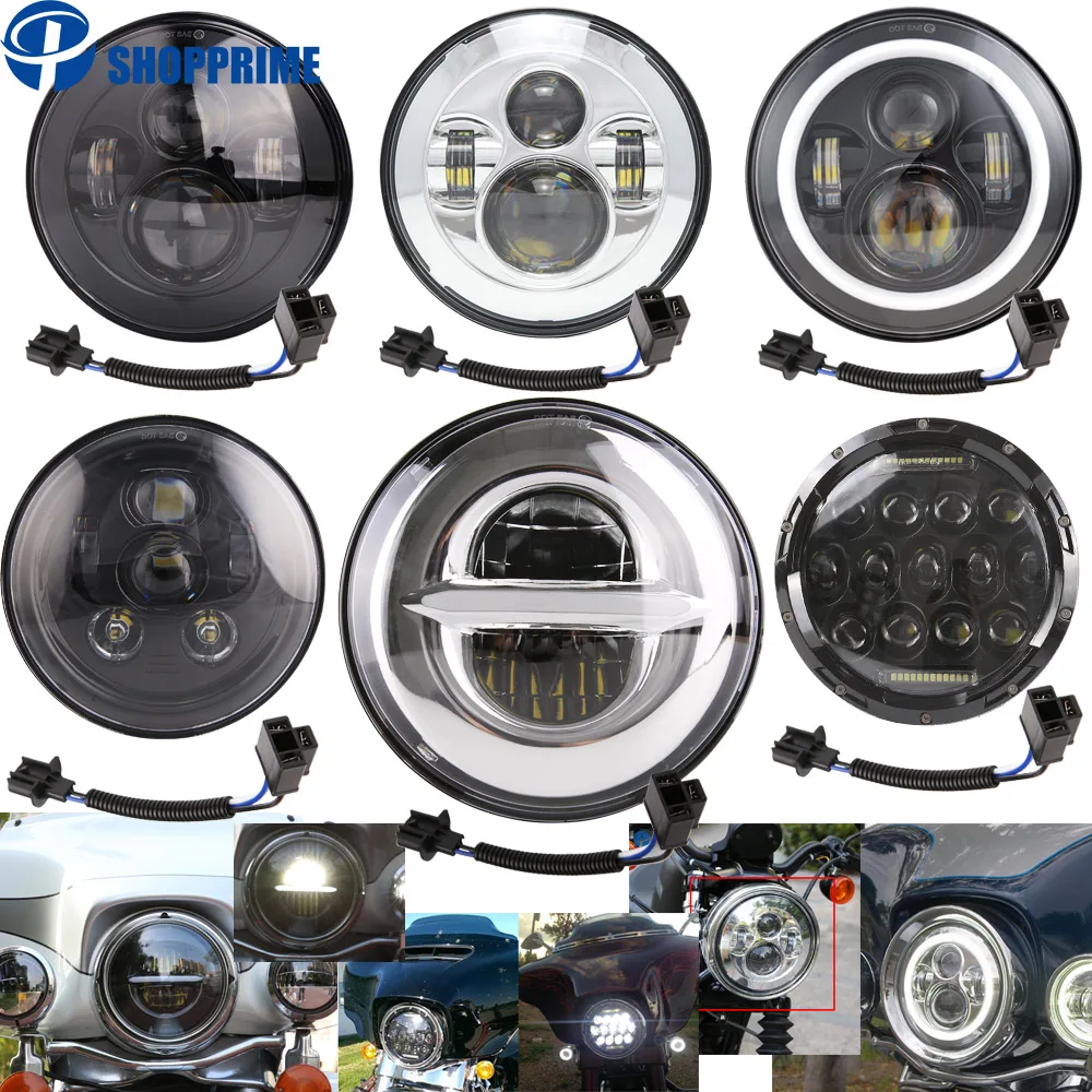 

7" Chrome LED Headlight 7 Inch Housing Mount Black Motorcycle LED Headlight With Angle Eyes For