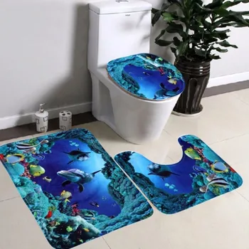 

New 3 pieces/set Ocean Underwater World Dolphin Carpet Toilet Mat for Three Sets of Bath Mat