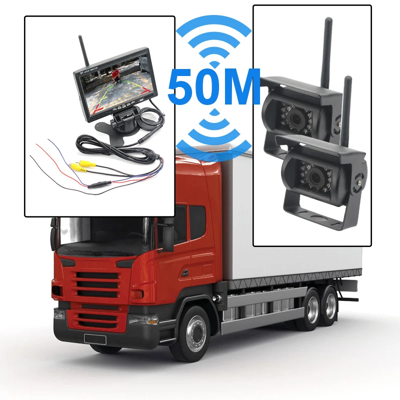 

Wireless Backup Camera System with 7" LCD Color Car Monitor, 2 Rear View Cameras IR Night Vision For RV Agricultural Vehicle