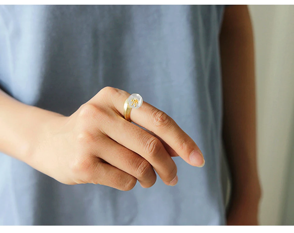 Lotus Fun Moment реального 925 пробы серебро кристалл натуральный камень Модные украшения золотой ландыш цветок кольца для Для женщин