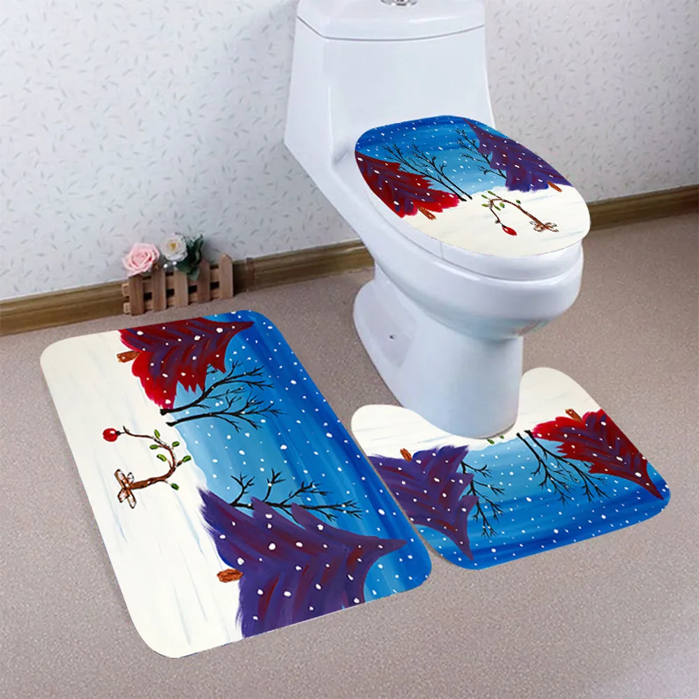 

3PCS Christmas Bathroom Non-Slip Pedestal Rug + Lid Toilet Cover + Bath Mat Set