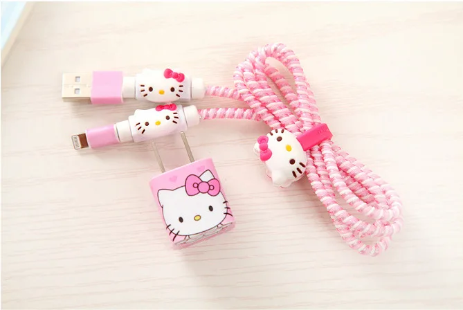 1 комплект мультфильм usb-флеш-накопитель Hello Kitty кабель протектор для наушников с кабельным Стикеры для намотки спиральный usb-шнур с зарядным устройством для iphone 5 6 6s 7