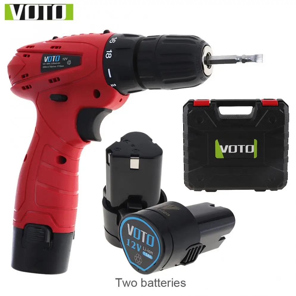 

VOTO AC 100-240V Cordless 12V Electric Screwdriver with 2 Lithium Batteries and Plastic Box for Handling Screws / Punching