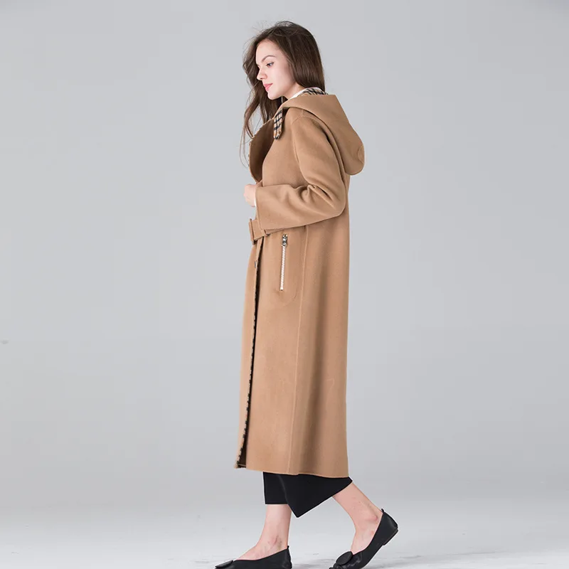 Длинные шерстяные кашемировые пальто для женщин Осень Зима повседневные женские куртки плюс размер двухсторонняя бежевая Клетчатая Кепка