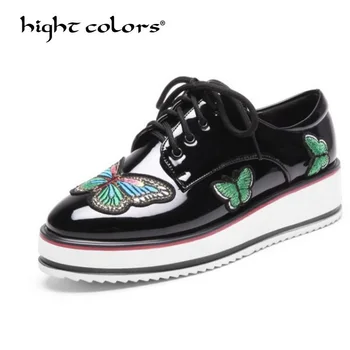 

Flats Women Lace-Up Casual Brogue Shoes Creepers Platform Patent Leather Black White Bullock Female Shoes Derby 22cm~26.5cm