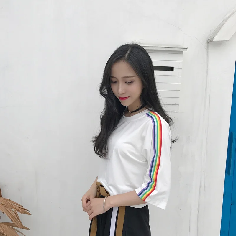 

Casual Harajuku T-shirts Rainbow Striped Side Sleeve Short Tops T Shirts Women O Neck Half Sleeve Summer Crop Tops