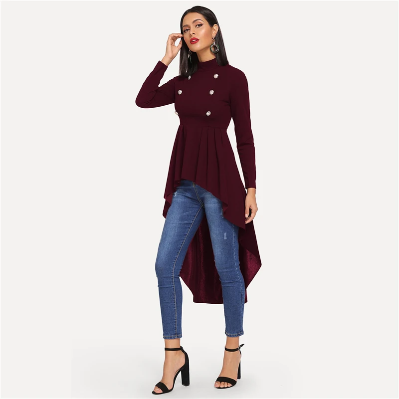 Sheinside элегантная женская блузка бордового цвета с ложным вырезом, двубортный топ с глубоким вырезом спереди, Женские топы и блузки с длинным рукавом