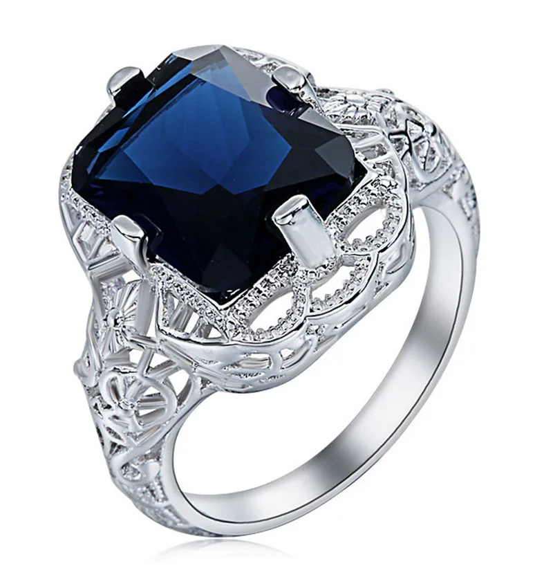 

Large Blue CZ Zircon Stone Ring Silver Hollow Out Big Rings For Women Fashion Wedding Engagement Jewelry Anillos