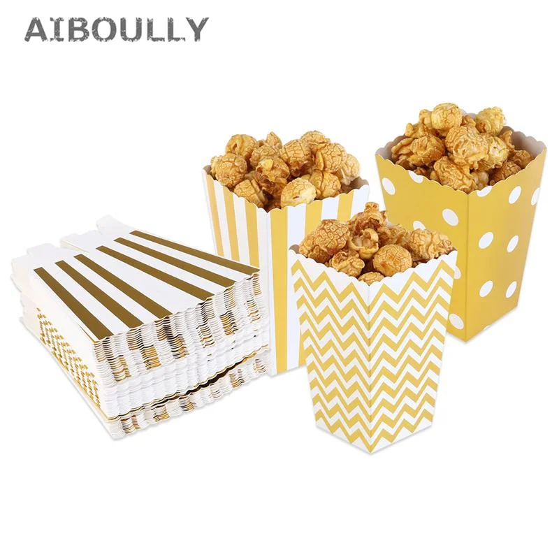 

12pcs/pack Popcorn Boxes Colorful Chevron Stripes Dot Gold Gift Box Scalloped Edge Cardboard Party Carton Candy Box