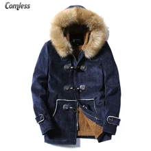 Новинка года Зима с роговыми пуговицами Теплая плотная куртка Для мужчин оленей бархат Ткань пальто Для мужчин Шерсть шляпа модные Дизайн Длинные куртки верхняя одежда