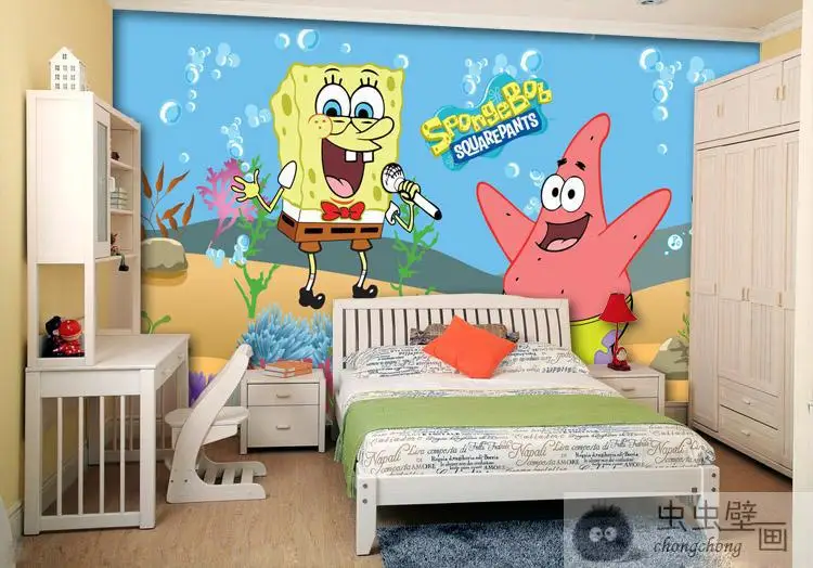 Wholesale 3d wall murals for Baby Sponge kids room 3d photo mural SpongeBob mural SquarePants living