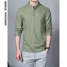 Sinicism Store, хлопковые льняные мужские рубашки, мужские однотонные рубашки с длинным рукавом и стоячим воротником, китайская одежда, мужские повседневные рубашки большого размера