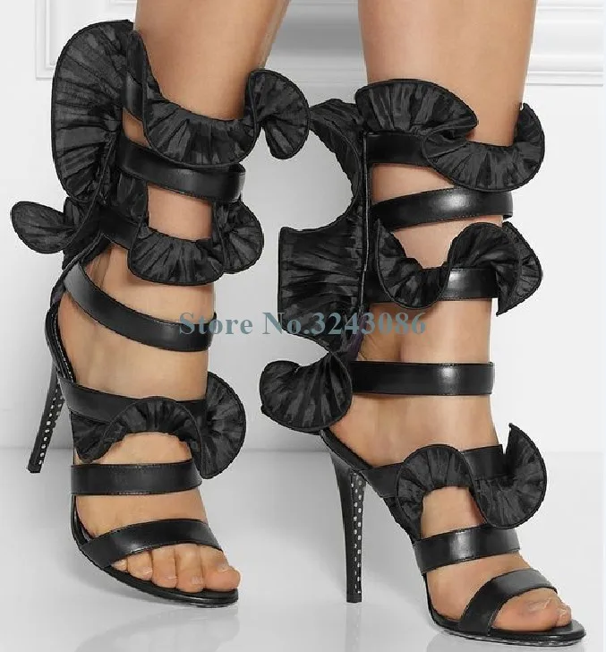 

New Arrival Open Toe Narrow Band Ruffles Thin High Heel Sandals Black Yellow Patent Leather Banquet Shoes Fashion Party Shoes