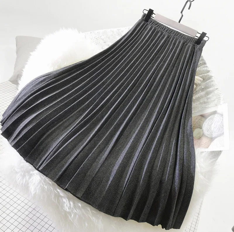 Женская шерстяная юбка миди в японском стиле, Женские однотонные плиссированные юбки в стиле Харадзюку с эластичной высокой талией, Saias зима SK259