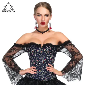 

TOPMELON Floral Corset Victorian Bustier Sexy Costume Off Shoulder Corsets for Women Lace Long Sleeve Transparent Corselet