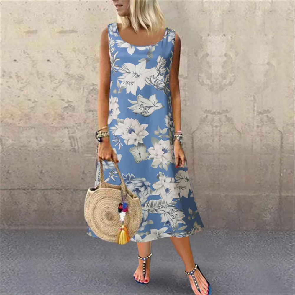 2019 woman summer sexy beach dress long round neck print sleeveless mini beach dress plus size sexy beach dress cover up 40J3 (7)