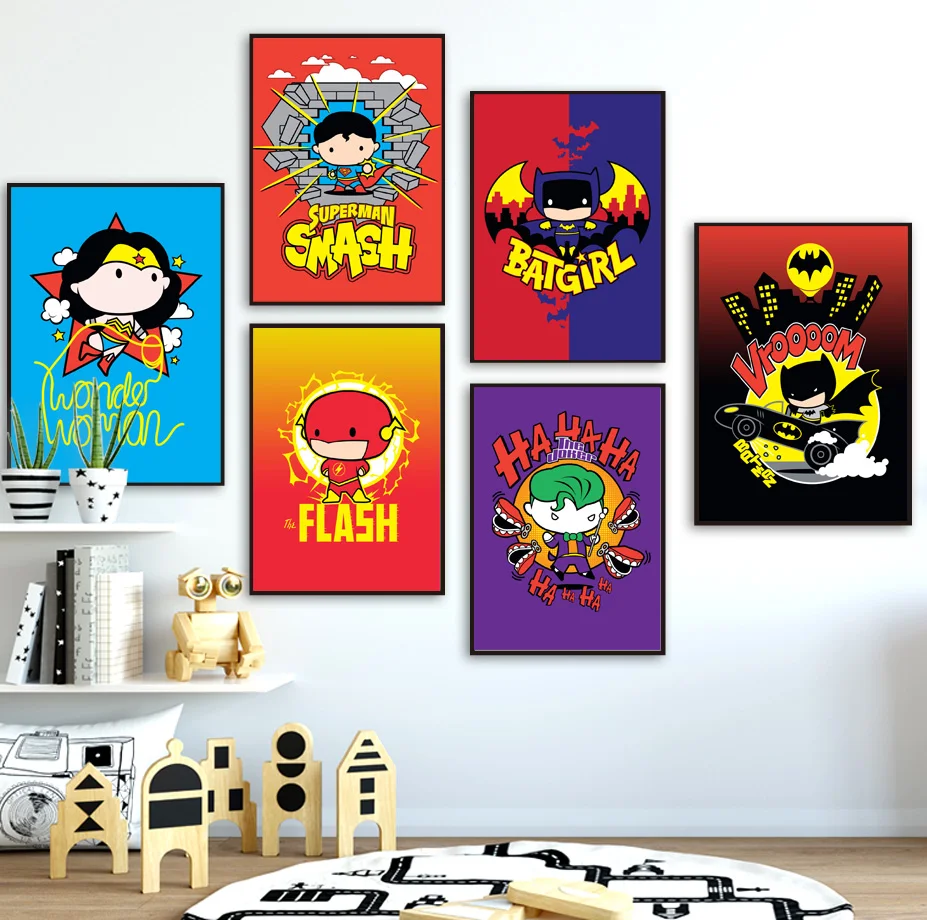 

Cartoon Batman Superman Wonder Woman Flash Wall Art Canvas Painting Nordic Posters And Prints Wall Pictures For Kids Room Decor
