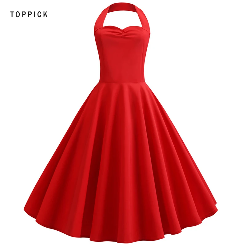 

Women Sexy Red Halter Party Dress Vestidos Floral Print Vintage Dress Swing Elegant Plus Size Rockabilly Beach Sundress