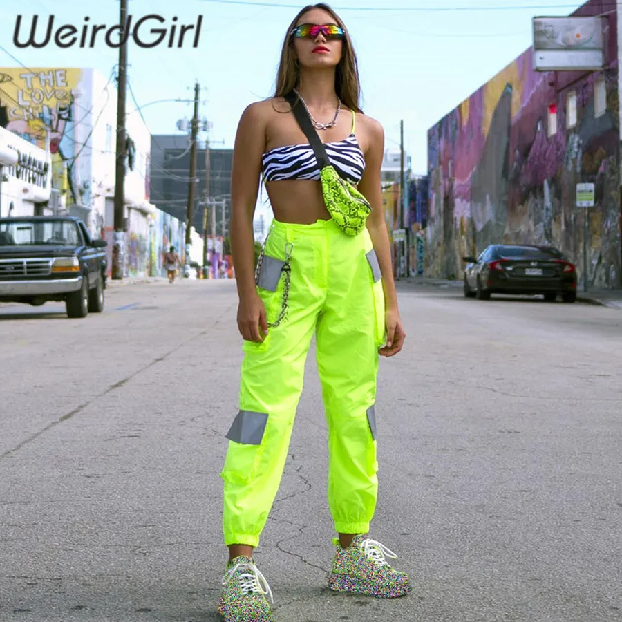 

Weirdgirl women pants casual streetwear high wasit harem pants for lady elastic neon green patchwork female trousers reflective