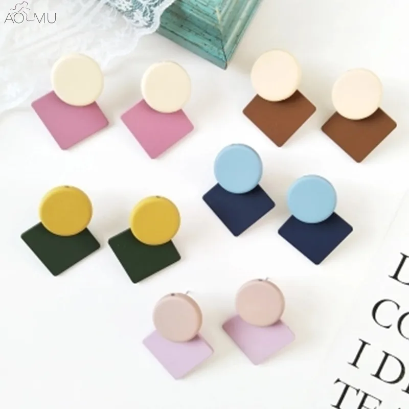 

AOMU Japan Korea Hit Color Matte Alloy Geometric Square Round Stud Earrings for Women Girls Sweet Fashion Jewelry Brincos