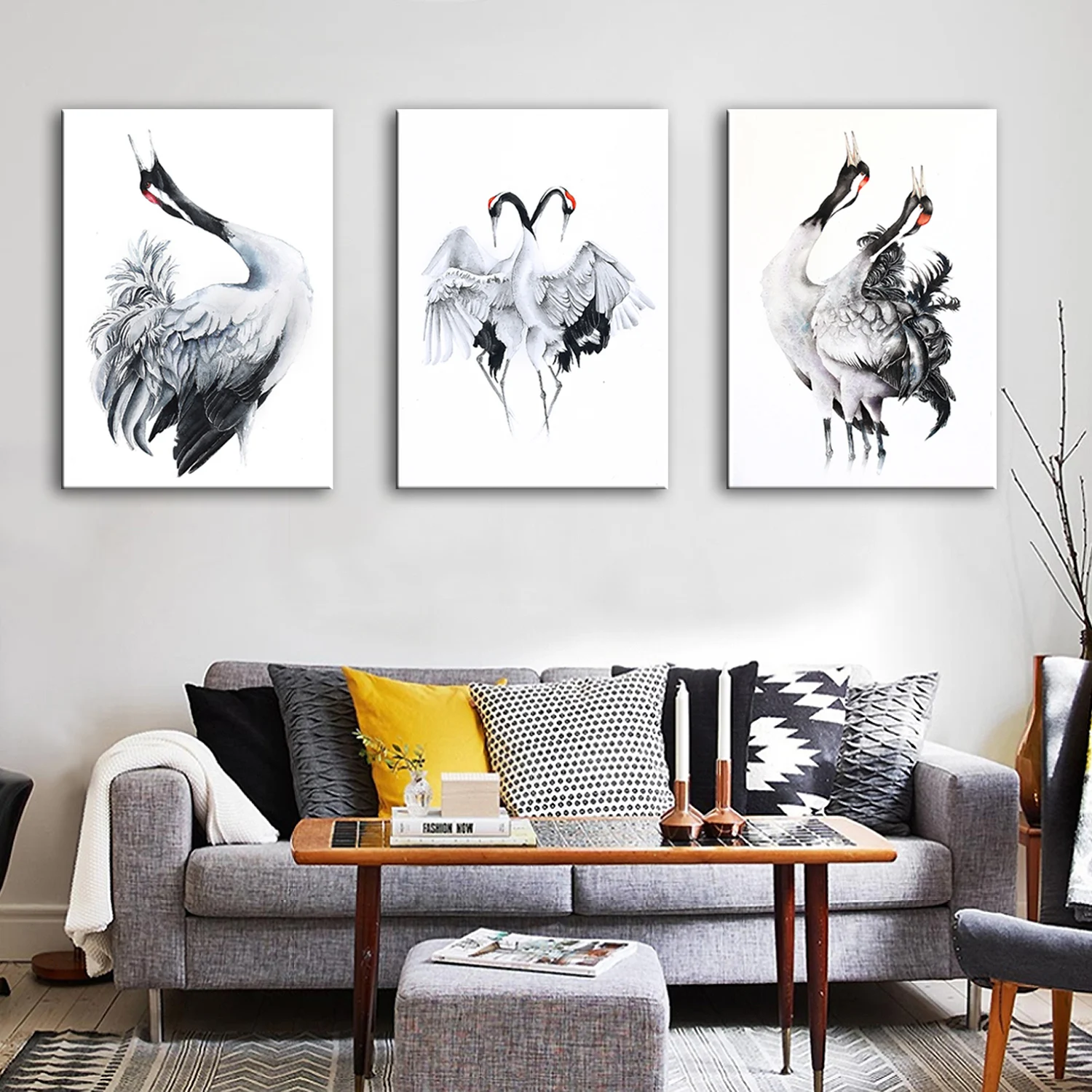 

Printed Pictures Home Wall Artative Modular Poster 3 Panel Hd Black And White Crane Paintings On Canvas Living Room Decorative