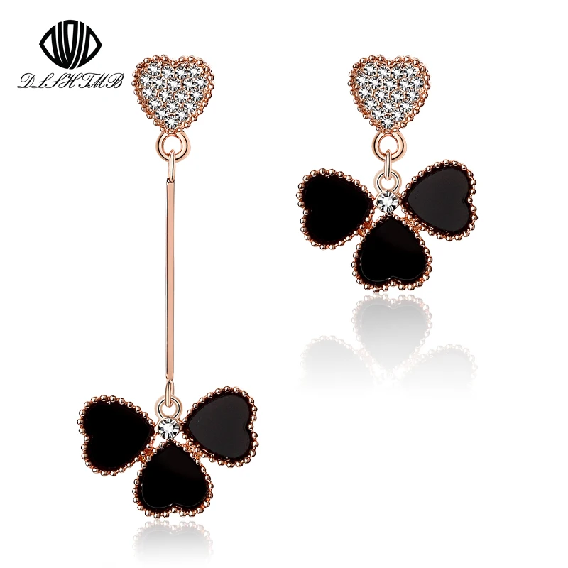 

2017 Fashion Black Three Clover Earrings Heart Leaves Rhinestone Long Earrings for Women