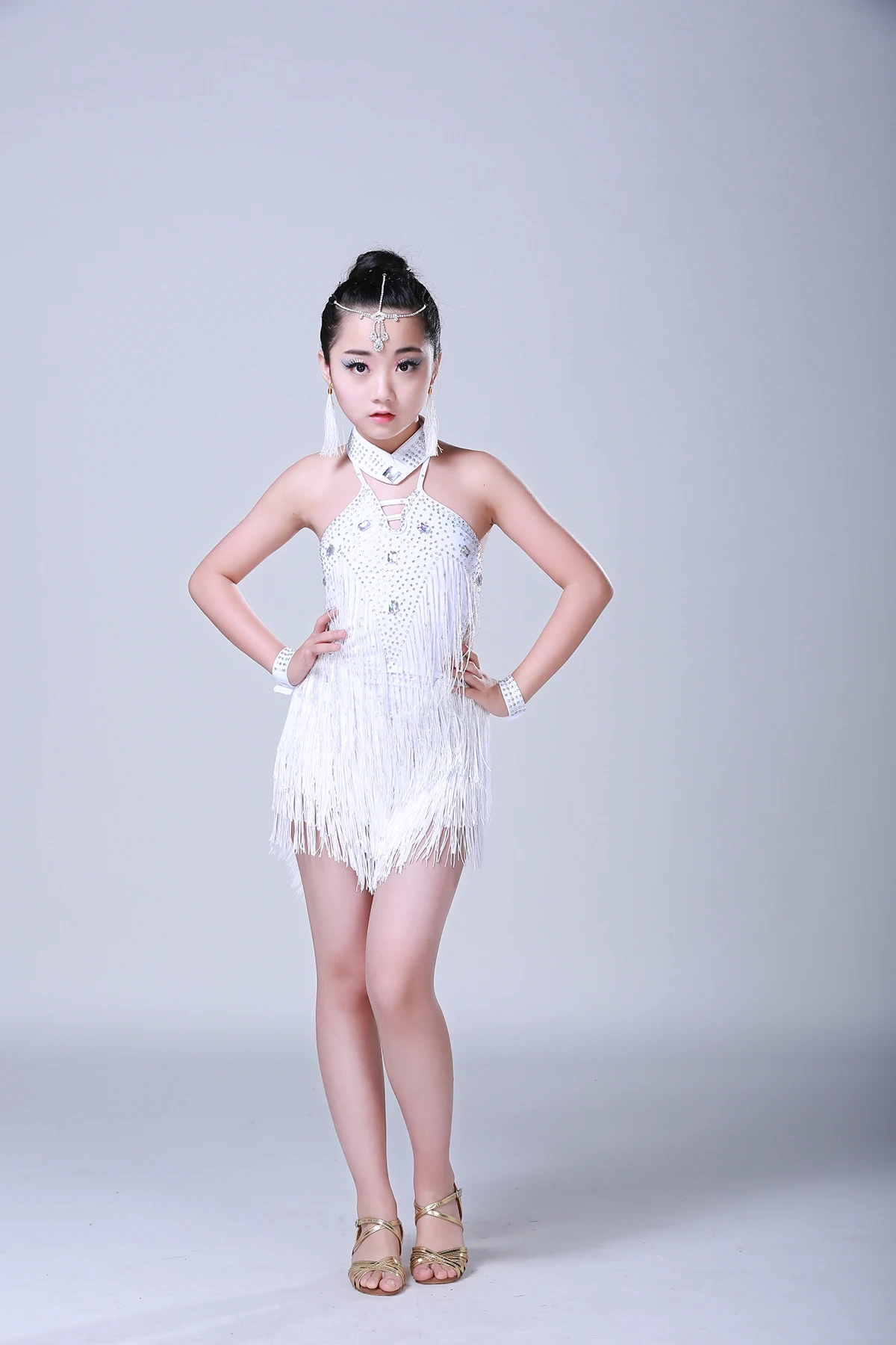 Детское профессиональное платье для латинских танцев с блестками и кисточками для девочек, бальные платья для танцев для детей, бахрома для сальсы черного цвета - Цвет: Белый