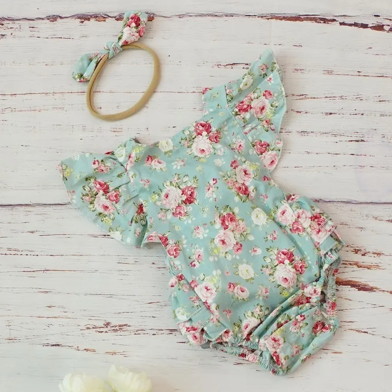 Cotton Baby Girl Clothes Costumes Floral Print Headband Boutique Summer For Newborn Cute Vintage Rompers Jumpsuit 0 3 6 Months