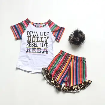 

HOT outfits baby girls summer clothes multicolor stripe sleeve shirts multicolor pant with leopard ruffle with bow