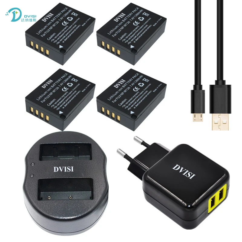 DVISI 4Pcs NP-W126 NP W126 Battery + Dual Charger 2-Port USB Plug For Fuji HS50 HS35 HS33 HS30EXR XA1 XE1 X-Pro1 XM1 X-T10 | Электроника