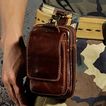 

Men Genuine Leather Fanny Pack Cell Phone Cigarette Key Case Coin Purse Pouch Hip Bum Belt Crazy Horse Cowhide Hook Waist Bag