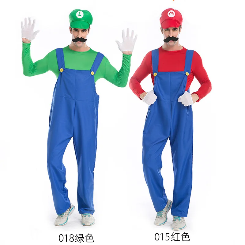 Mens 2PCs Super Mario Luigi and Mario Plumber Fancy Dress Costume Deluxe WGloves 