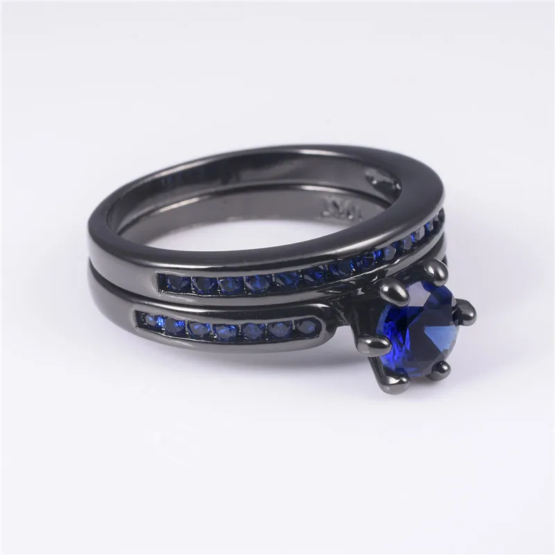 Fashion 10KT Black Gold Ring Finger for women Wedding Bride Jewelry Classic Six Claw 1ct Blue Sapphire Rings sets 2-in-1