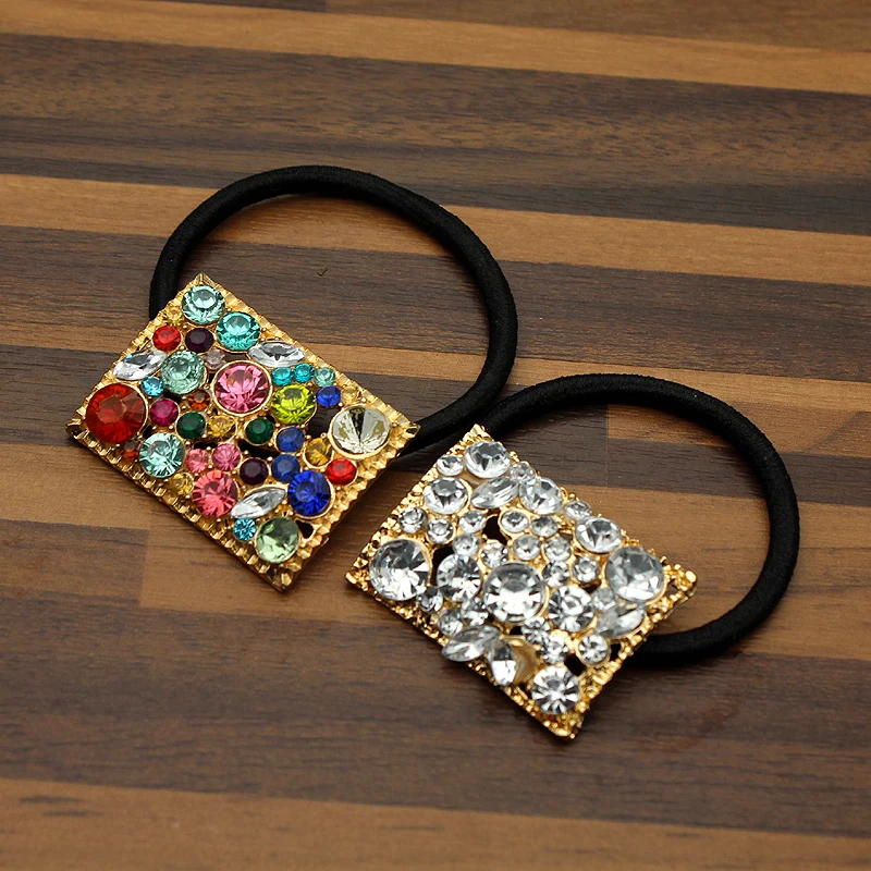 

Luxury Sparkly Square Colorful Crystal Hair Elastic Band Rope Rhinestone Ponytail Holder For Women Girls Jewelry Accessories