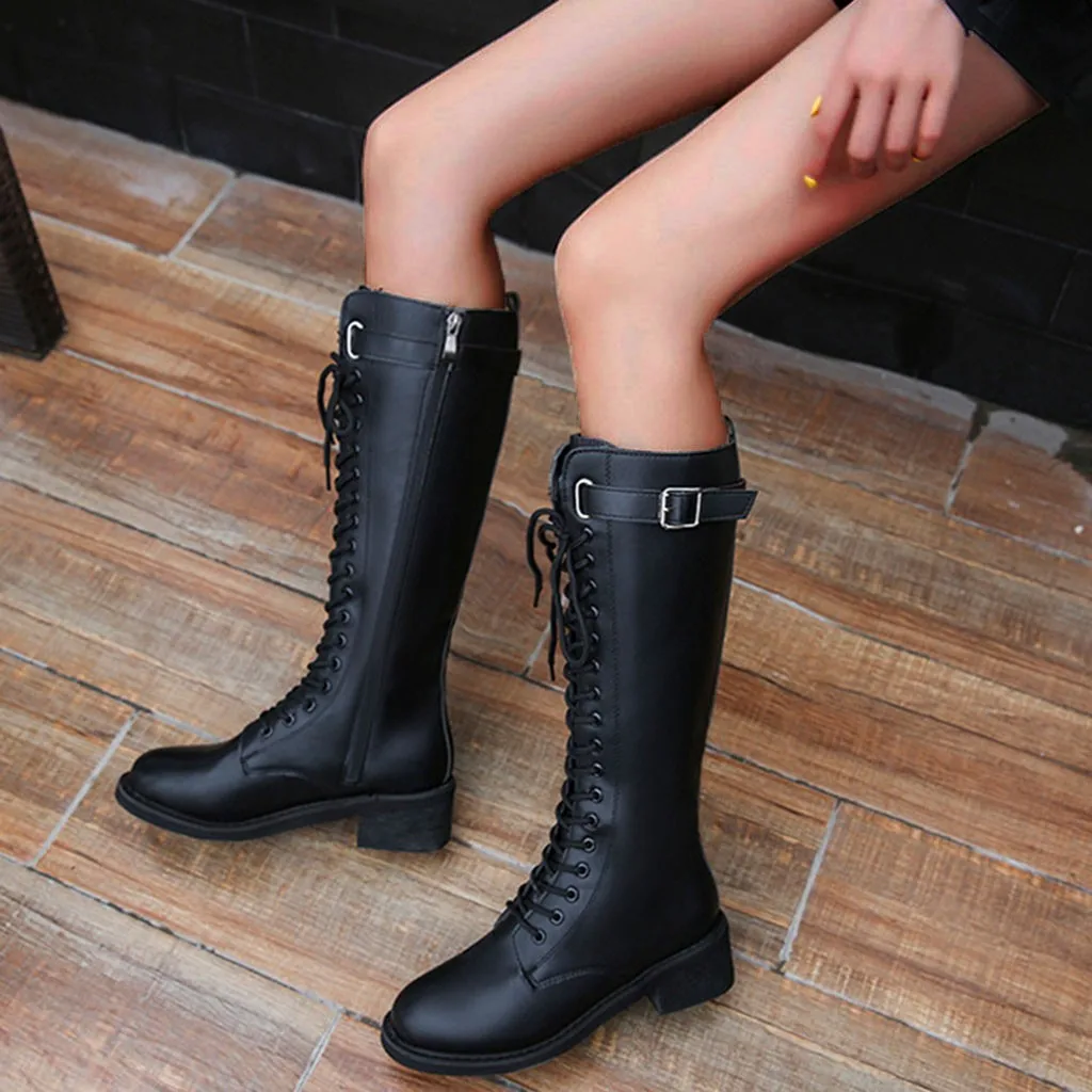 

Size 35-40 2018 New Shoes Women Boots Locomotive Over the Knee Boots Lace Female Autumn Winter lady Thigh High Boots