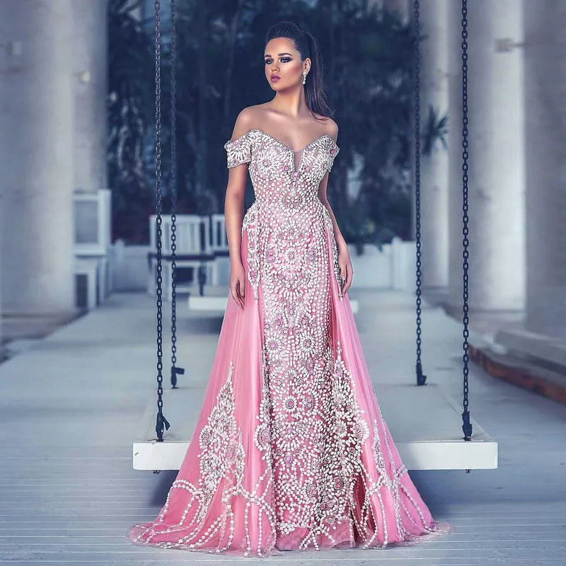 

Luxury Beading A-line Off Shoulder Prom Dress Latest Dubai Arabia Prom Maxi Gown Hand Made Major Beaded Party Wear Long Dresses
