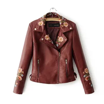 

Brieuces Embroidery basic jacket coat outerwear & coats Black faux leather jacket women Short winter bomber jacket female coat
