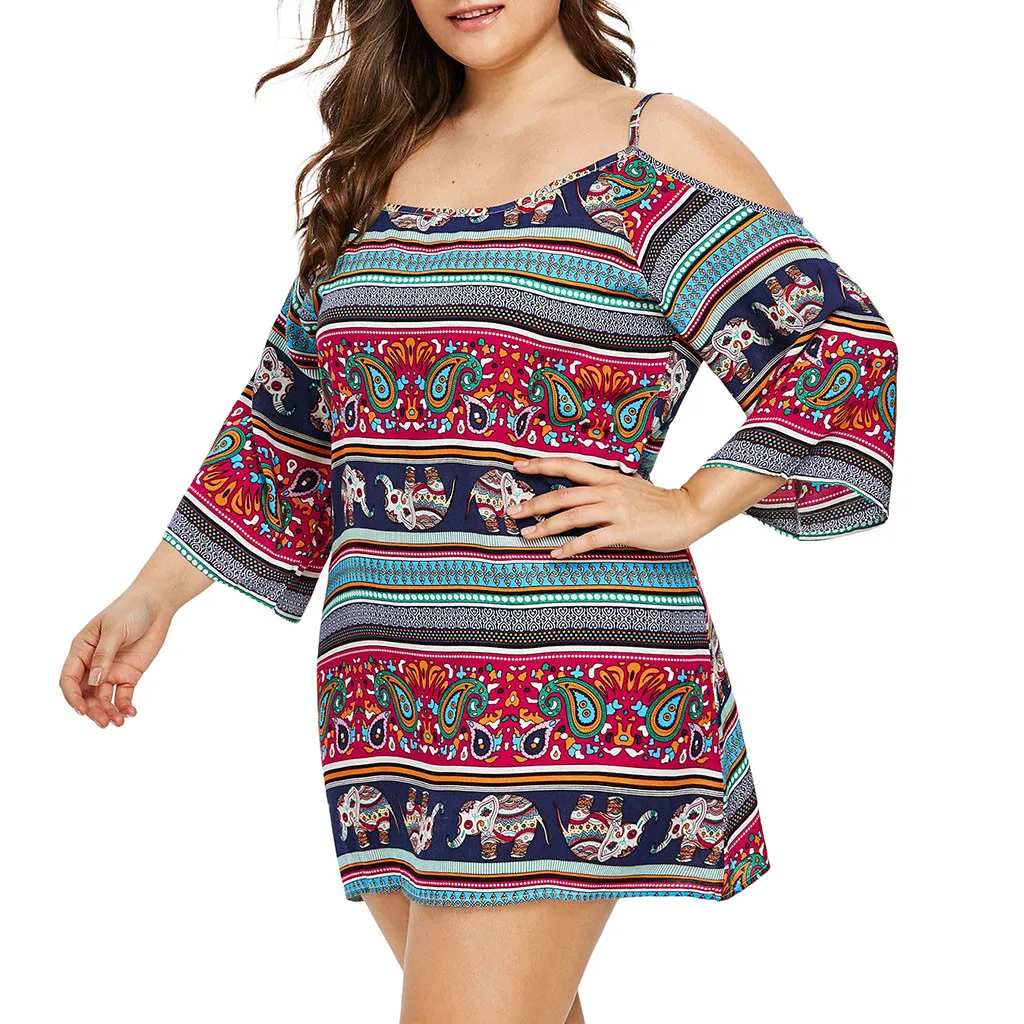 Модное женское платье размера плюс в полоску с открытыми плечами и рукавом три четверти, винтажное платье de verano para mujer
