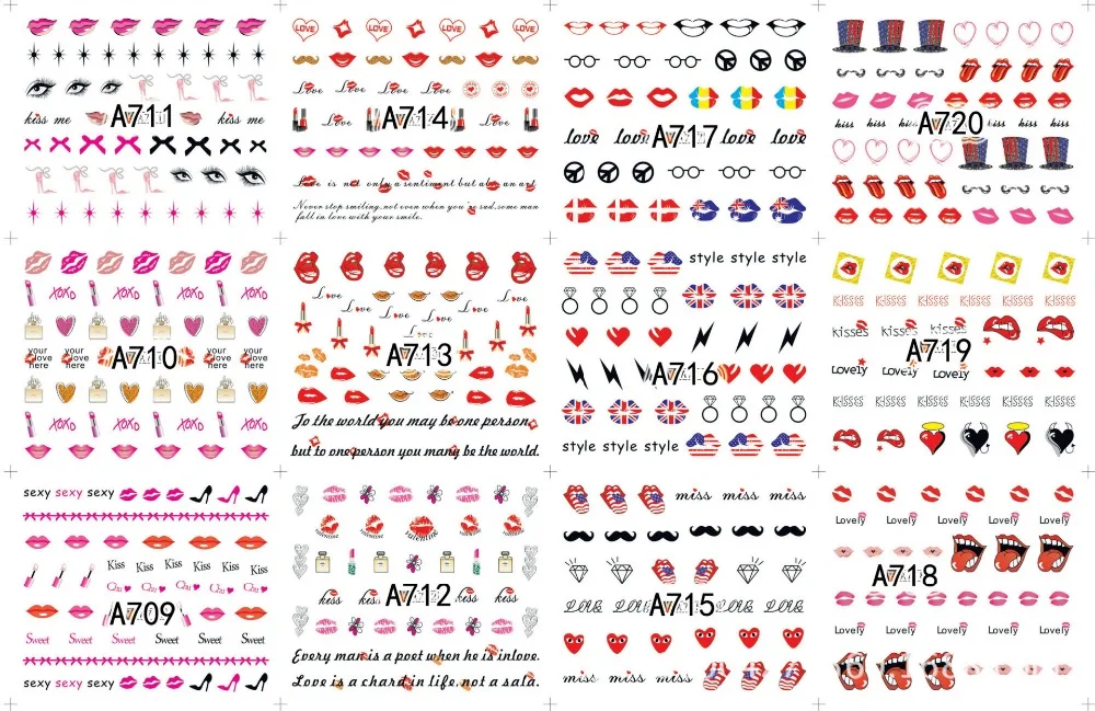 

2pcs 12 Design in 1 Set Lace Red Lips Flower Feather Pattern Water Transfers Nail Sticker Decals Nail Art Tips Decora A601-720