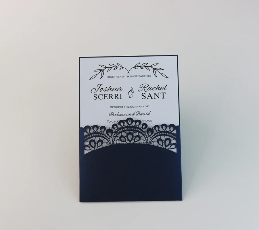 

50- Personalized laser cut Lace Pocket Wedding invitation cards with custom printing inserts ,envelopes