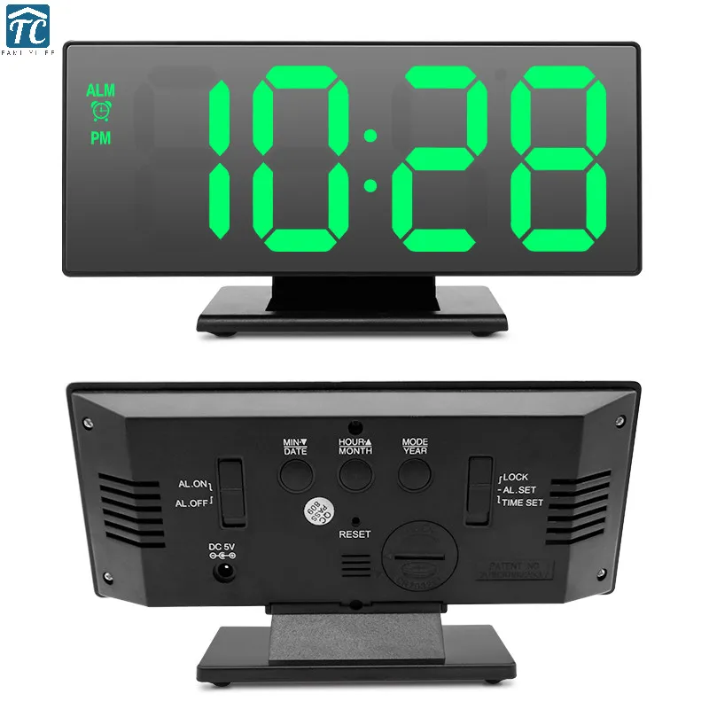 LED Charging USB Alarm Clock Digital Snooze Function Mirror Surface